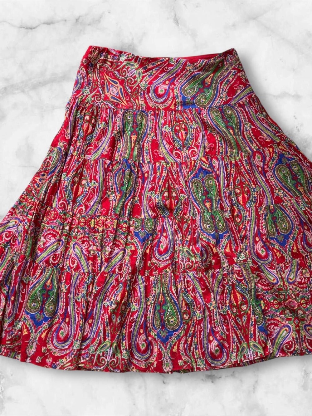 Ralph Lauren Women's Red Paisley Tiered Maxi Skirt L